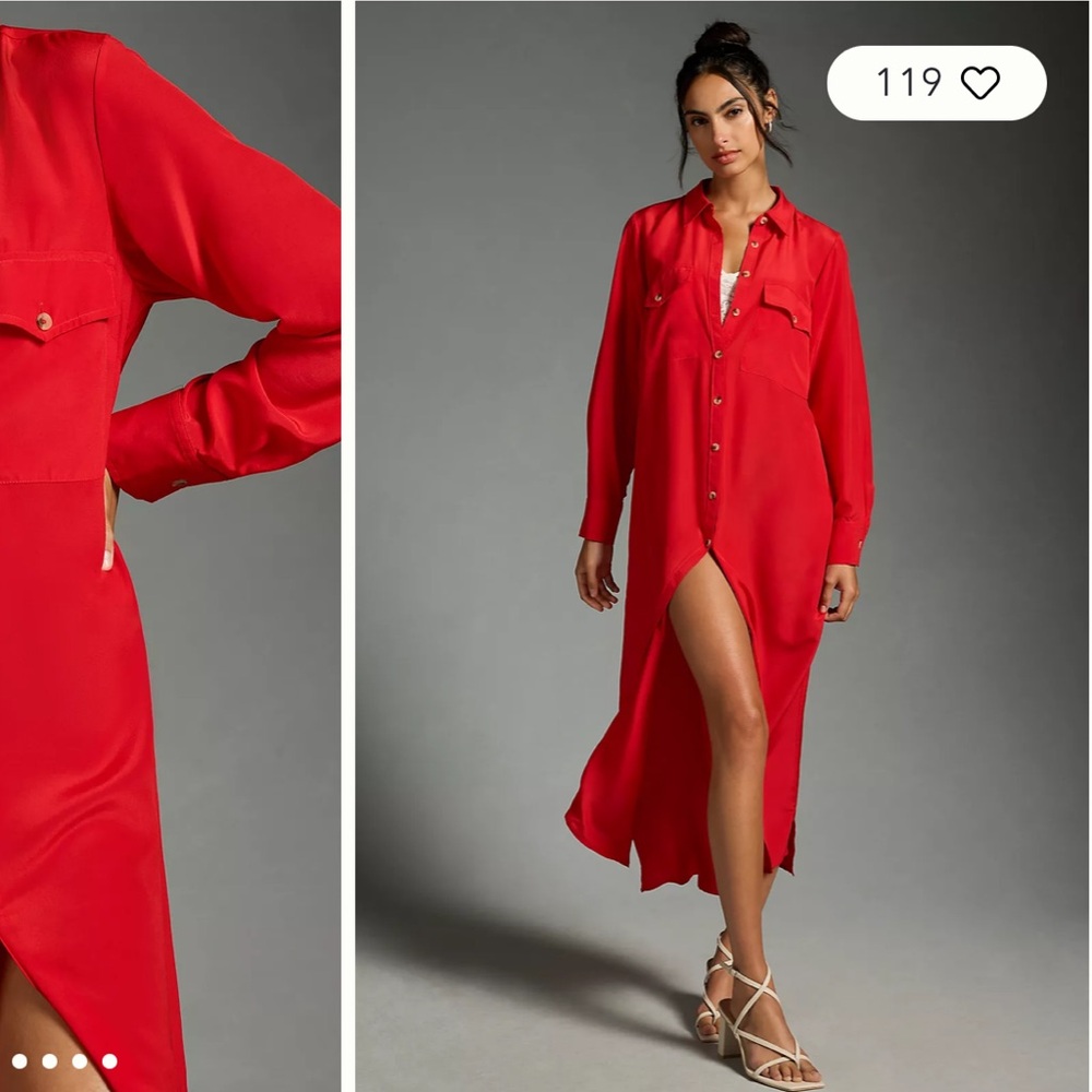 NWT Anthropologie 💄vibrant red Long sleeve Silk Maxi Shirt Dress Duster xl